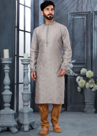 Grey Embroidered Mens Kurta In Art Silk