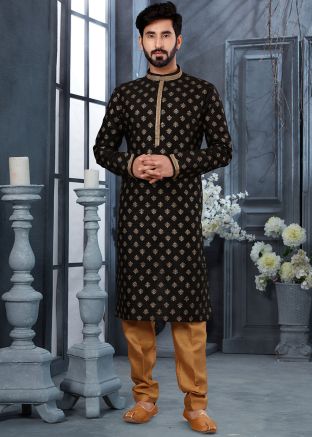 Black Printed Mens Kurta In Art Silk