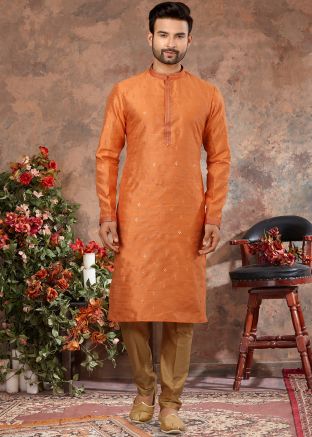 Orange Embrodiered Mens Kurta In Art Silk