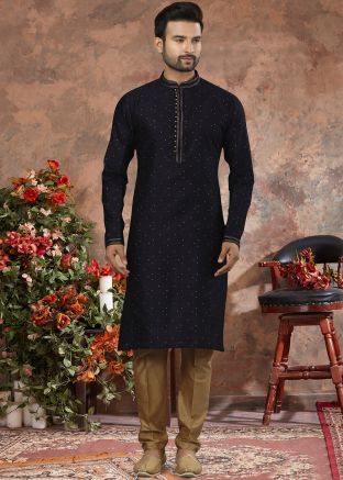 Blue Zari Embroidered Mens Kurta