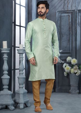 Green Woven Kurta In Jacquard