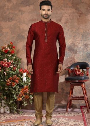 Maroon Jacquard Kurta In Woven Work