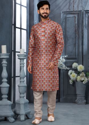 Multicolor Printed Mens Kurta In Art Silk