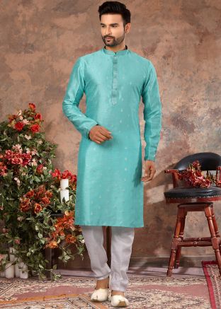 Blue Embroidered Mens Kurta In Art Silk