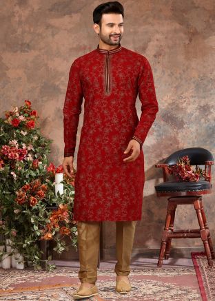 Red Art Silk Kurta In Print