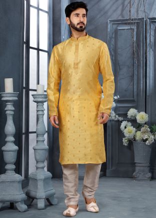 Yellow Embroidered Kurta In Art Silk