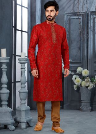 Red Art Silk Kurta In Printed Work