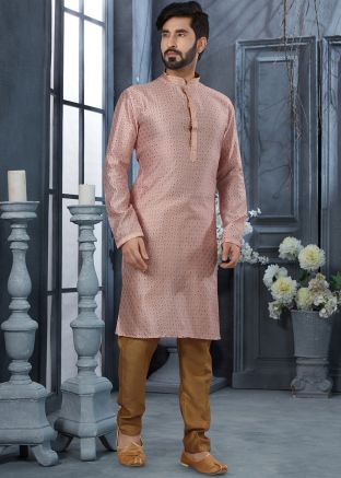 Pink Jacquard Kurta in Woven Work