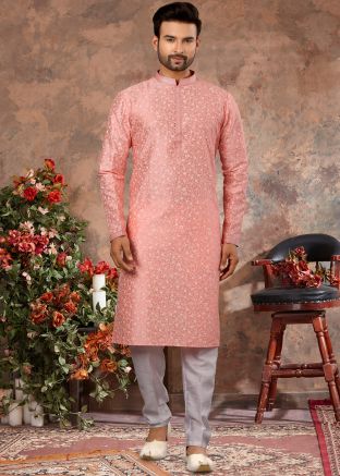 Pink Art Silk Mens Kurta In Print