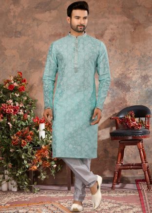 Blue Printed Mens Kurta In Art Silk