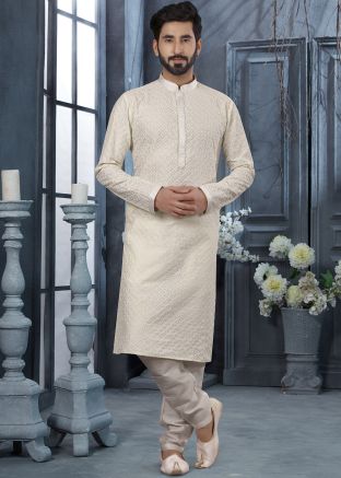 Cream Embroidered Kurta In Art Silk