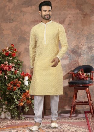 Yellow Embroidered Kurta In Art Silk