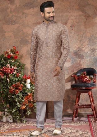 Brown Printed Mens Kurta In Art Silk