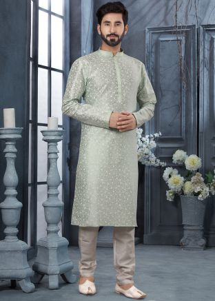 Green Art Silk Kurta In Print