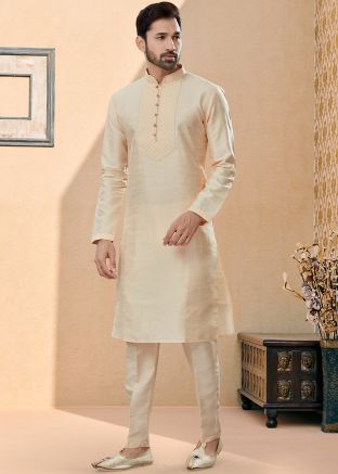 Cream Mens Kurta In Dupion Silk