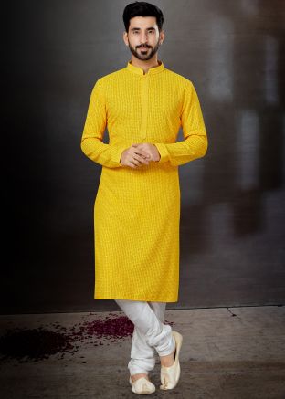 Yellow Embroidered Kurta In Rayon