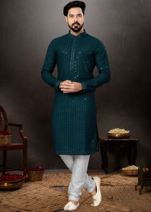 Teal Green Embroidered Kurta In Rayon