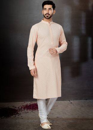 Peach Embroidered Kurta In Rayon