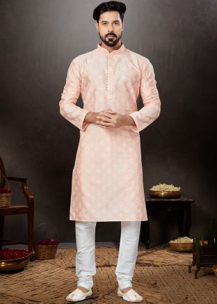 Peach Printed Kurta In Dupion Silk