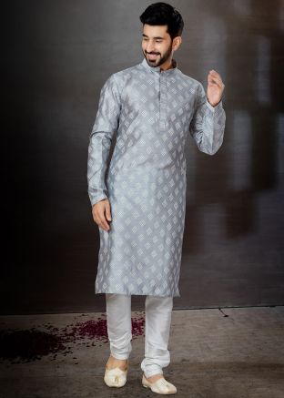 Grey Dupion Silk Kurta In Print