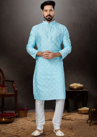 Blue Printed Kurta In Dupion Silk