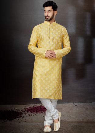 Yellow Printed Mens Kurta In Dupion Silk