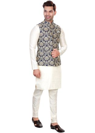 Off -White Men Kurta Pajama With Nehru Jacket