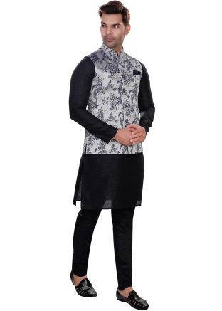Black Kurta Pajama With Woven Nehru Jacket