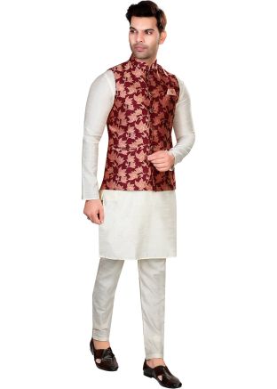 Off White Kurta Pajama With Woven Nehru Jacket