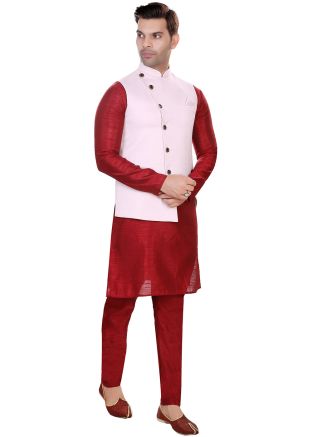 Red Kurta Pajama With Woven Nehru Jacket