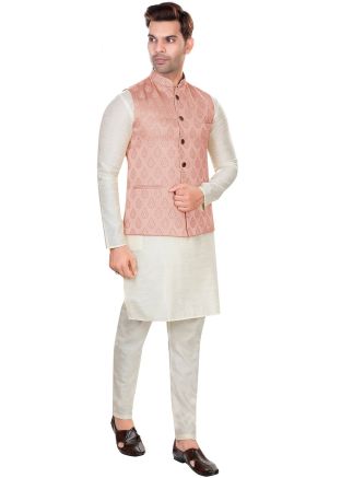 Off-White Kurta Pajama With Woven Nehru Jacket