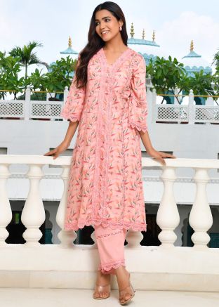 Peach Readymade Printed Kurta Set In Cotton