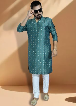 Green Silk Kurta Pajama In Foil Print