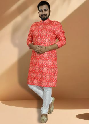 Readymade Red Mens Foil Printed Kurta Pajama