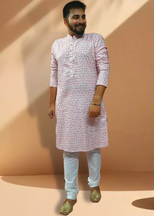 White Readymade Printed Kurta & Pajama