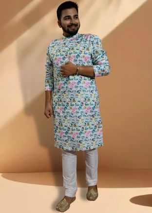 Mens White Foil Printed Kurta With Pajama
