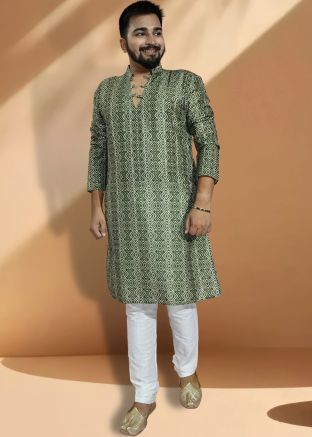 Green Printed Jacquard Kurta Pajama Set
