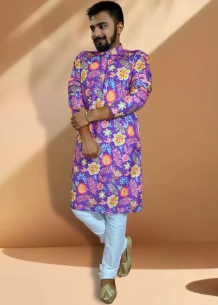 Purple Floral Print Kurta Pajama In Cotton