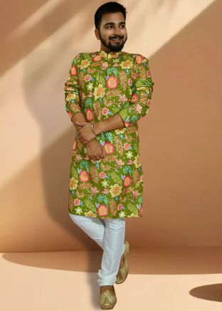 Green Mens Floral Print Kurta Pajama