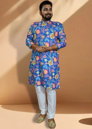 Mens Blue Floral Printed Kurta & Pajama