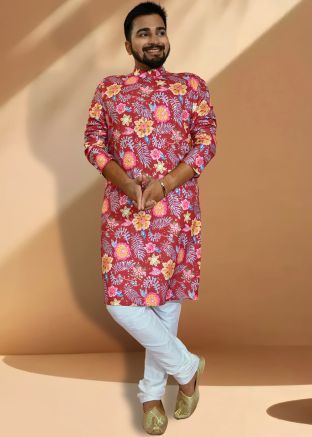 Red Mens Kurta Pajama In Floral Print