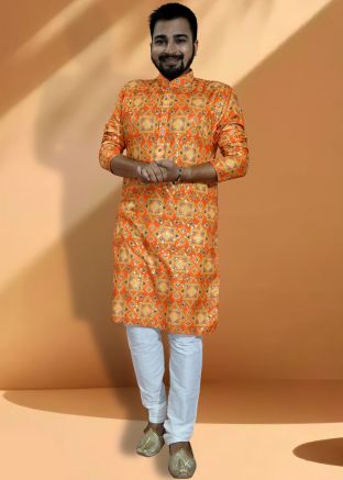 Orange Foil Printed Kurta With Pajama