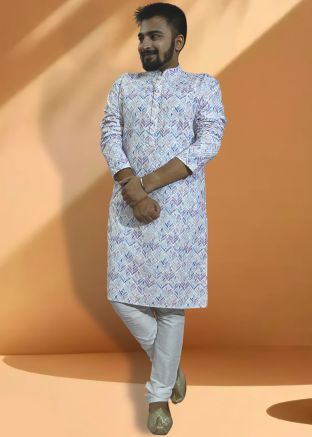White Printed Mens Kurta & Pajama
