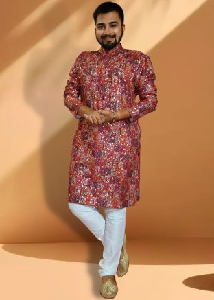Red Foil Printed Mens Kurta Pajama Set