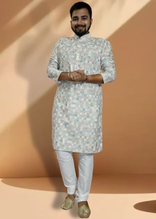 Cream Printed Kurta Pajama In Cotton