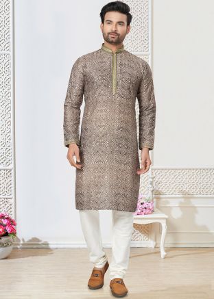 Brown Digital Printed Mens Kurta Pajama