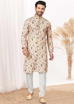 Peach Printed Readymade Mens Art Silk Kurta Pajama