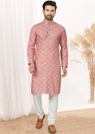Pink Printed Readymade Mens Kurta Pajama In Art Silk