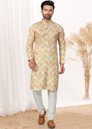 Yellow Readymade Printed Art Silk Mens Kurta Pajama