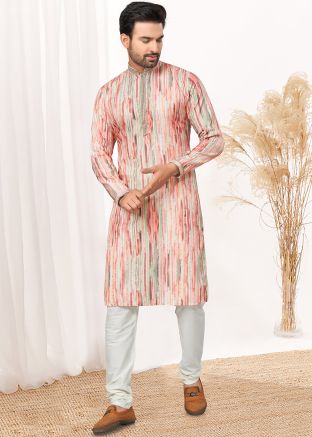 Multicolor Readymade Art Silk Printed Mens Kurta Pajama